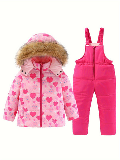 Girls' 2pc Ski Outfit: Zip Hooded Coat + Overalls - Water-Resistant for Fall/Winter Sports