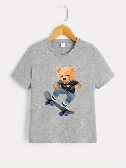 Bear Playing Skateboard Print Round Neck T-shirt Tees Tops Casual Soft Comfortable Boys And Girls Summer Clothes