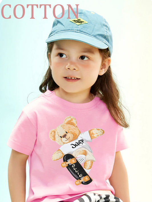 Girls Casual T-Shirt Skateboarding Bear Print Kids Cute Short Sleeve Tee Sports Leisure Summer Tops Clothes