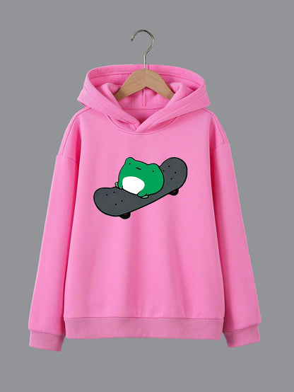 Cartoon Skateboard Frog Print Girls Hooded Sweatshirt Pullovers, Teen Kids Long Sleeve Tops For Sports Daily Leisure