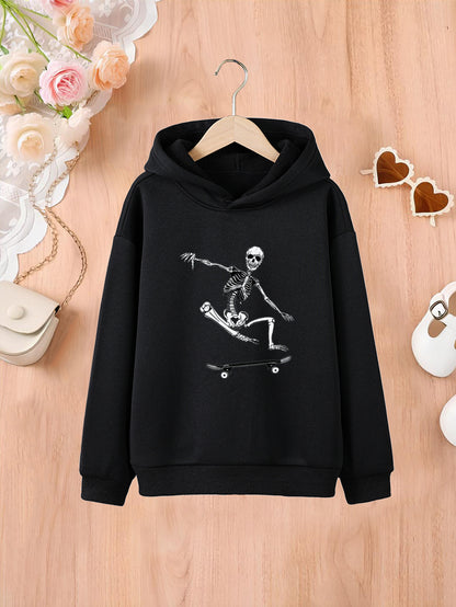 Fashion Girls Skull Man Skateboard Print Comfortable Casual Hooded Sweatshirt, Youth Kids Hoodie Tops