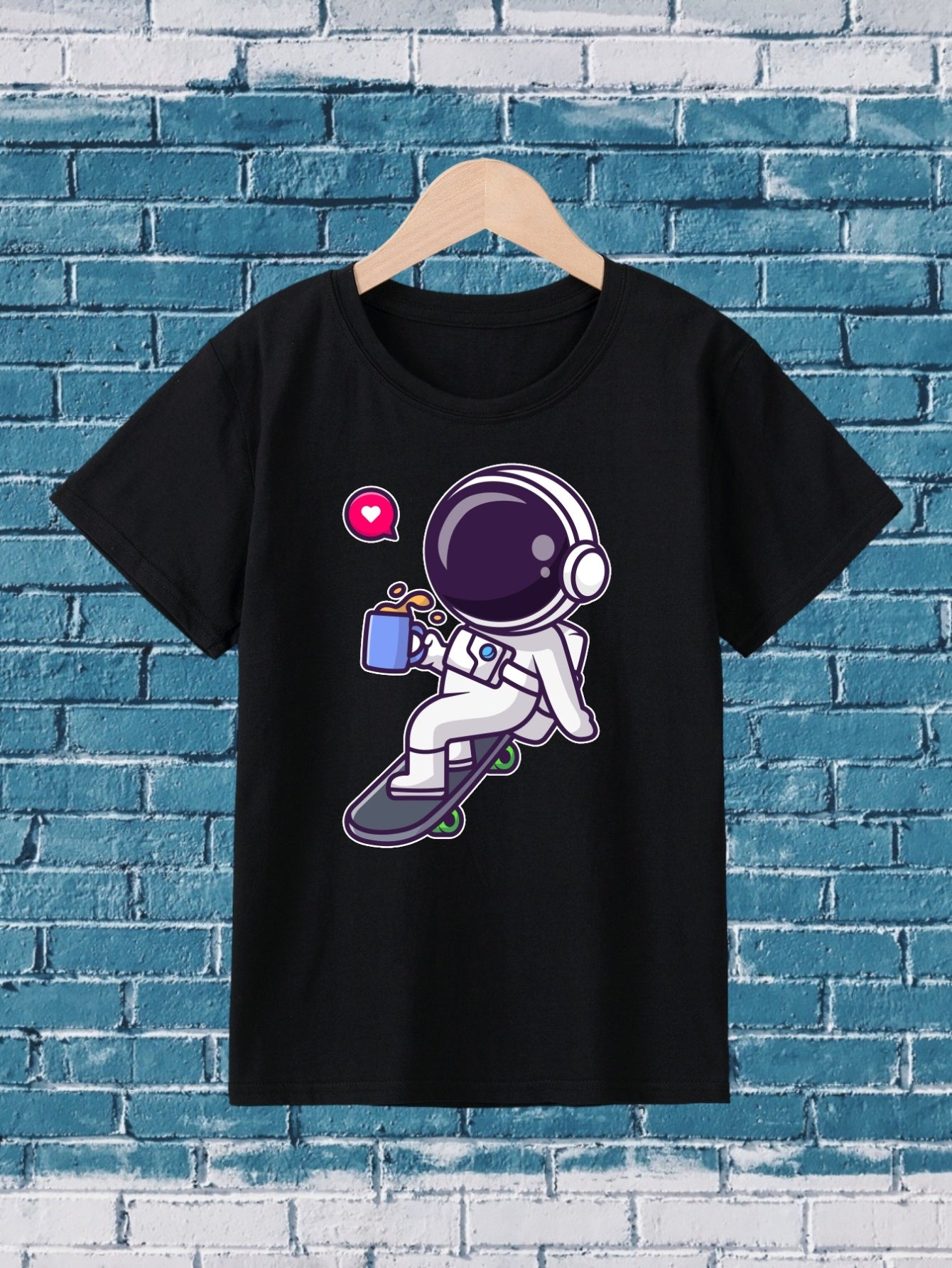 Girl's Cartoon Astronaut Playing Skateboard Pattern Shirt, Casual Breathable Comfy Short Sleeve Tee Top For City Walk Street Hanging Outdoor Activities