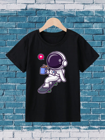 Girl's Cartoon Astronaut Playing Skateboard Pattern Shirt, Casual Breathable Comfy Short Sleeve Tee Top For City Walk Street Hanging Outdoor Activities