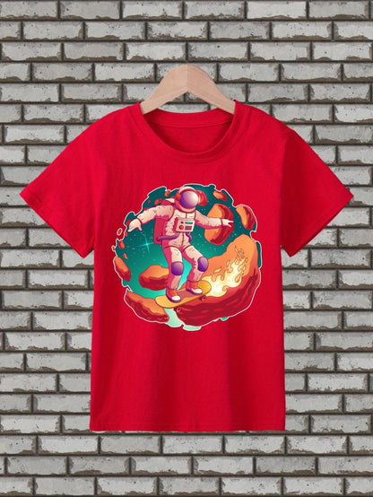 Girl's Cartoon Astronaut Playing Skateboard Pattern Shirt, Casual Breathable Comfy Short Sleeve Tee Top For City Walk Street Hanging Outdoor Activities