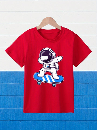 Girl's Cartoon Astronaut Playing Skateboard Pattern Shirt, Casual Breathable Comfy Short Sleeve Tee Top For City Walk Street Hanging Outdoor Activities