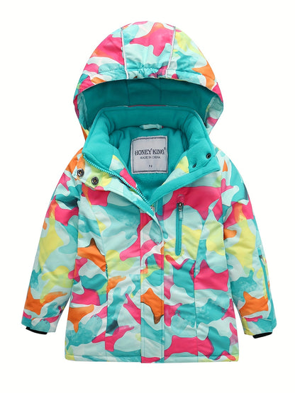 Girls Winter Ski Jacket - Hooded, Zip Front, Camo Pattern - Trendy & Warm - Polyester - Sports & Skiing - Ages 12 & Under - MV09938