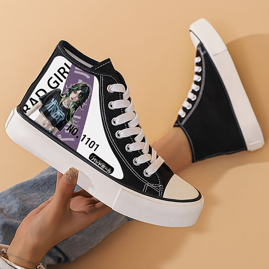 Girl's Trendy Anime Graphic Skate Shoes, Comfy Non Slip Lace Up Breathable Sneakers, Kids Footwear
