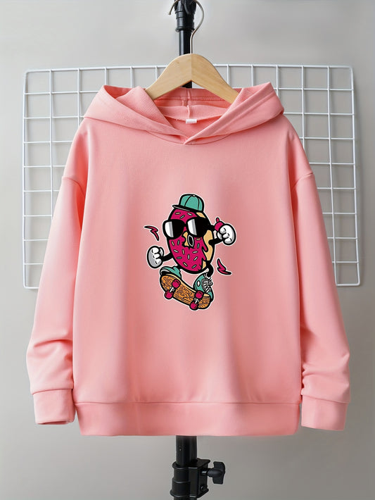 Girl's Cartoon Doughnut & Skateboard Print Hooded Sweatshirt For Autumn/winter, Kids Clothing