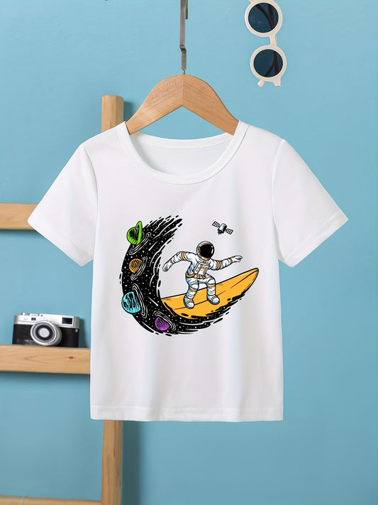 Astronaut Surfing In Space Round Neck T-shirt Tees Tops Soft Comfortable Girls Summer Clothes