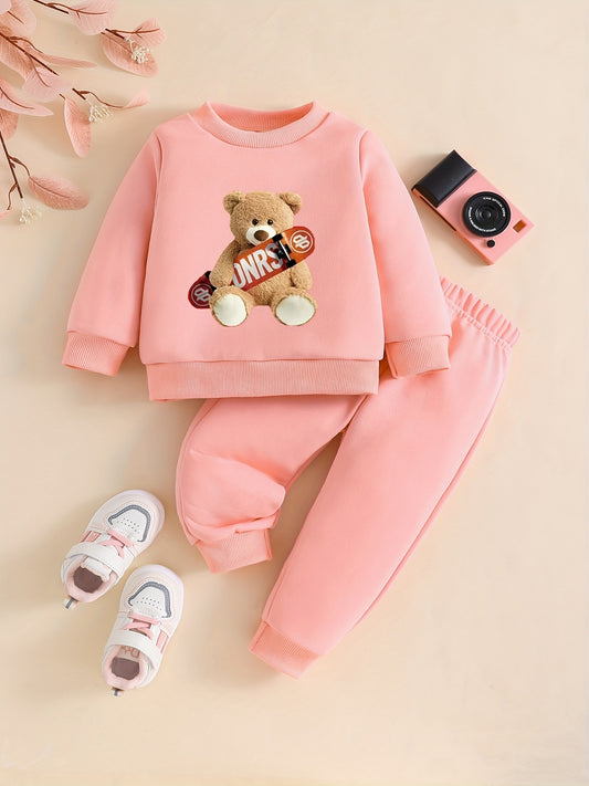 Toddler Girls 2-piece Set Pullover Sweatshirt & Elastic Waist Sweatpants Cartoon Skateboard Bear Print Casual Outfits For Autumn / Spring