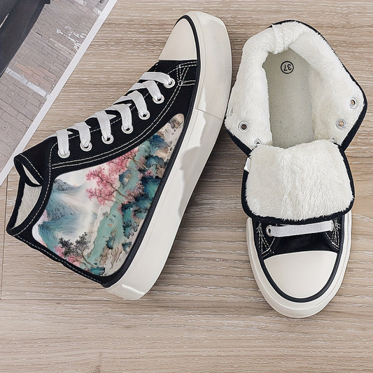 Girl's Trendy High Top Beautiful Painting Pattern Skate Shoes, Comfy Non Slip Breathable Lace Up Sneakers, Winter & Autumn
